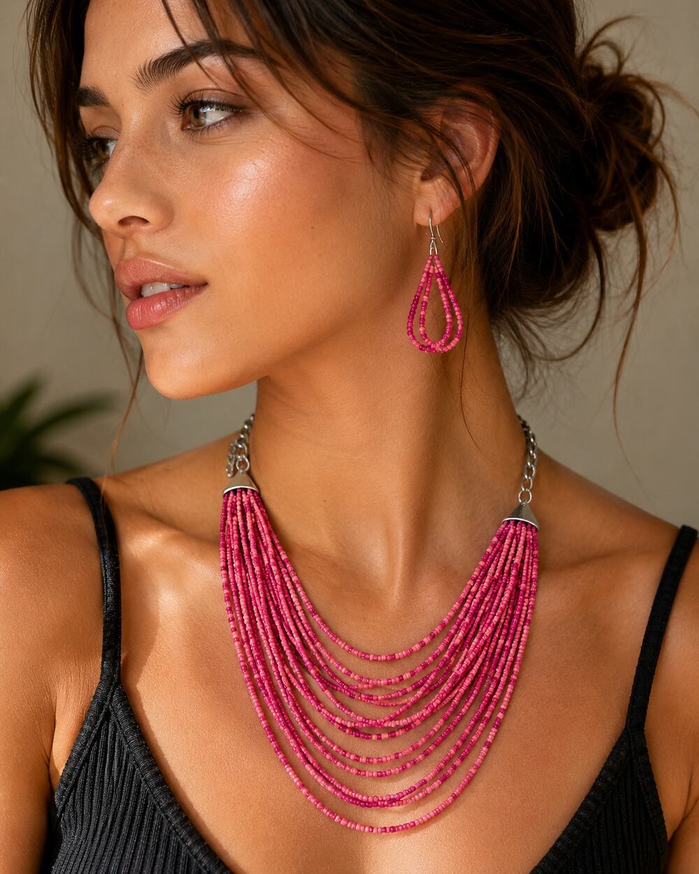 Hot Pink Seed Bead Statement Necklace & Earrings Set Boho Multi Strand Bib